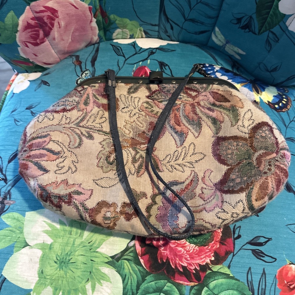 Vintage 1950s Floral Tapestry Kelly Bag Handbag Purse Gold Tone Metal Frame